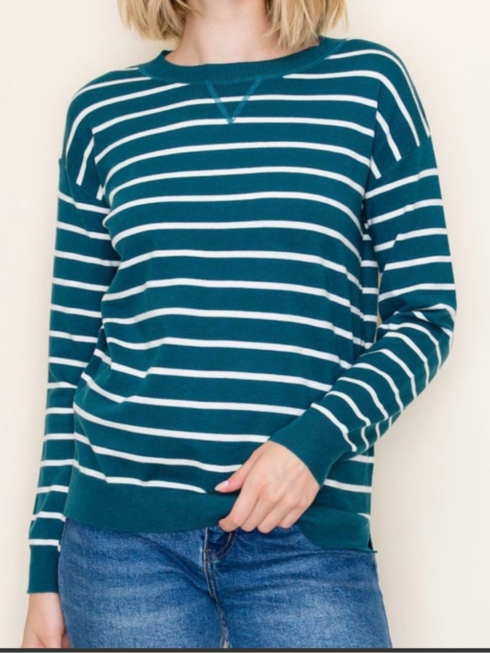 STACCATO Teal and White Striped Knit Sweater.